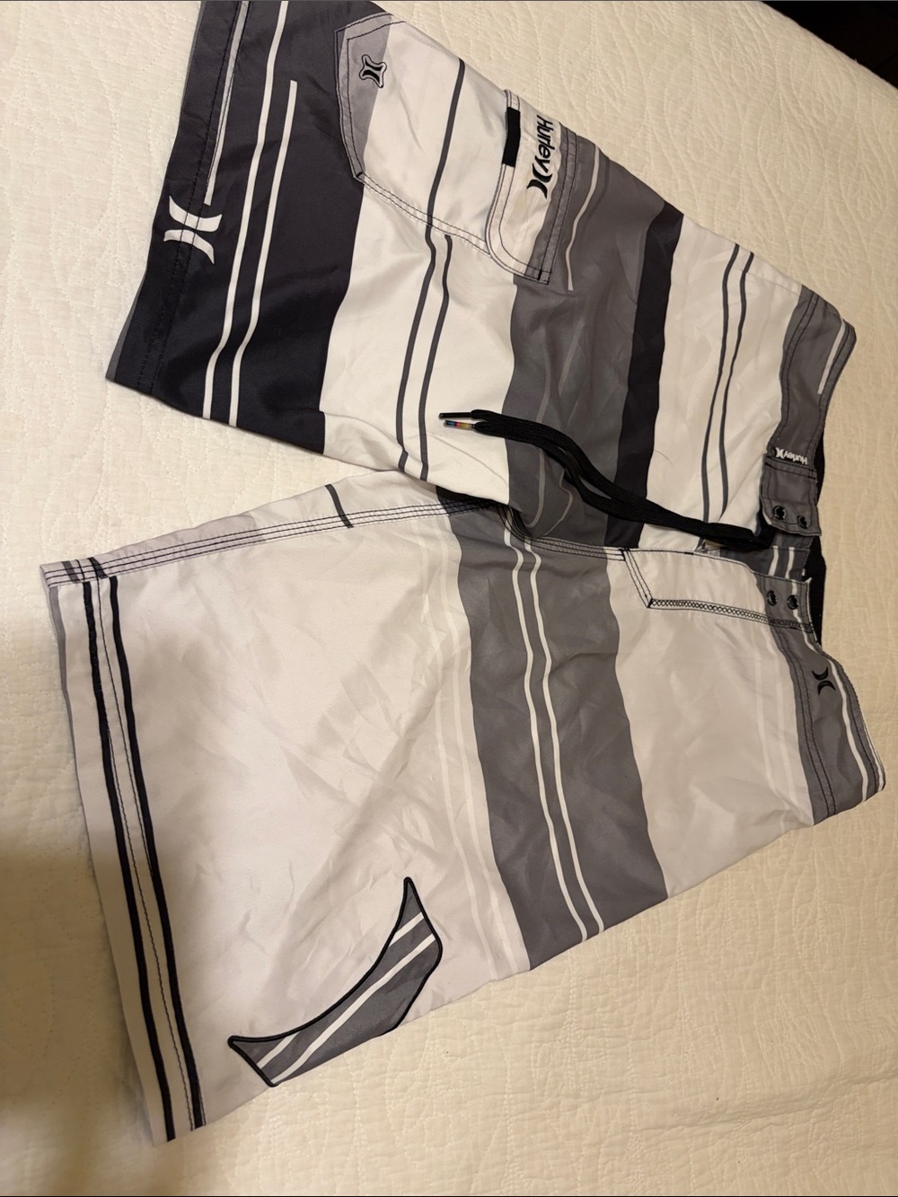 Hurley White and Gray Striped Swim Shorts